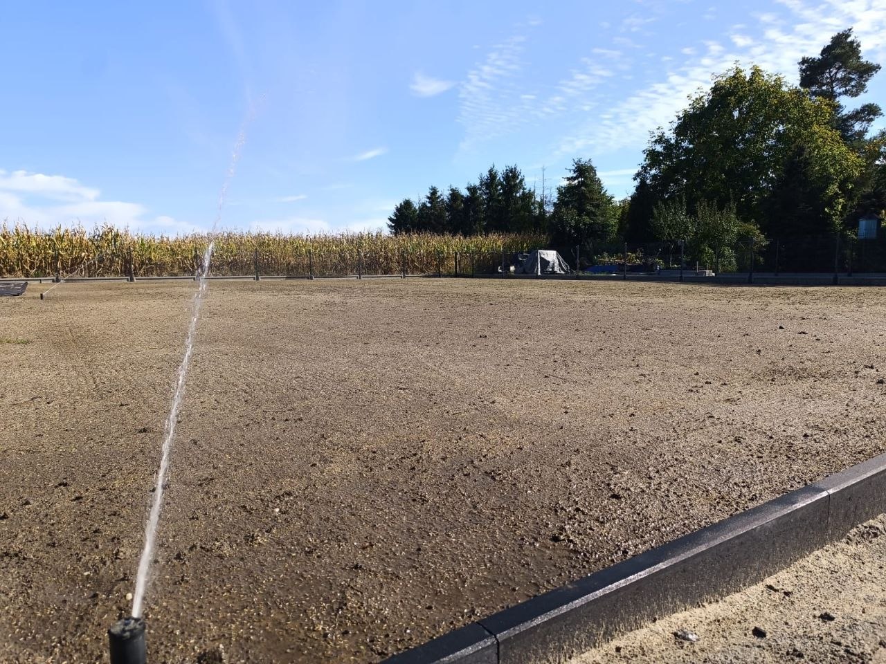 Zraszacz podlewający teren podczas próby instalacji w naszym ogrodzie
